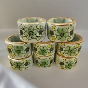 8 Hand Made Painted Flowers Ceramic Napkin Rings Holders Signed Mexico